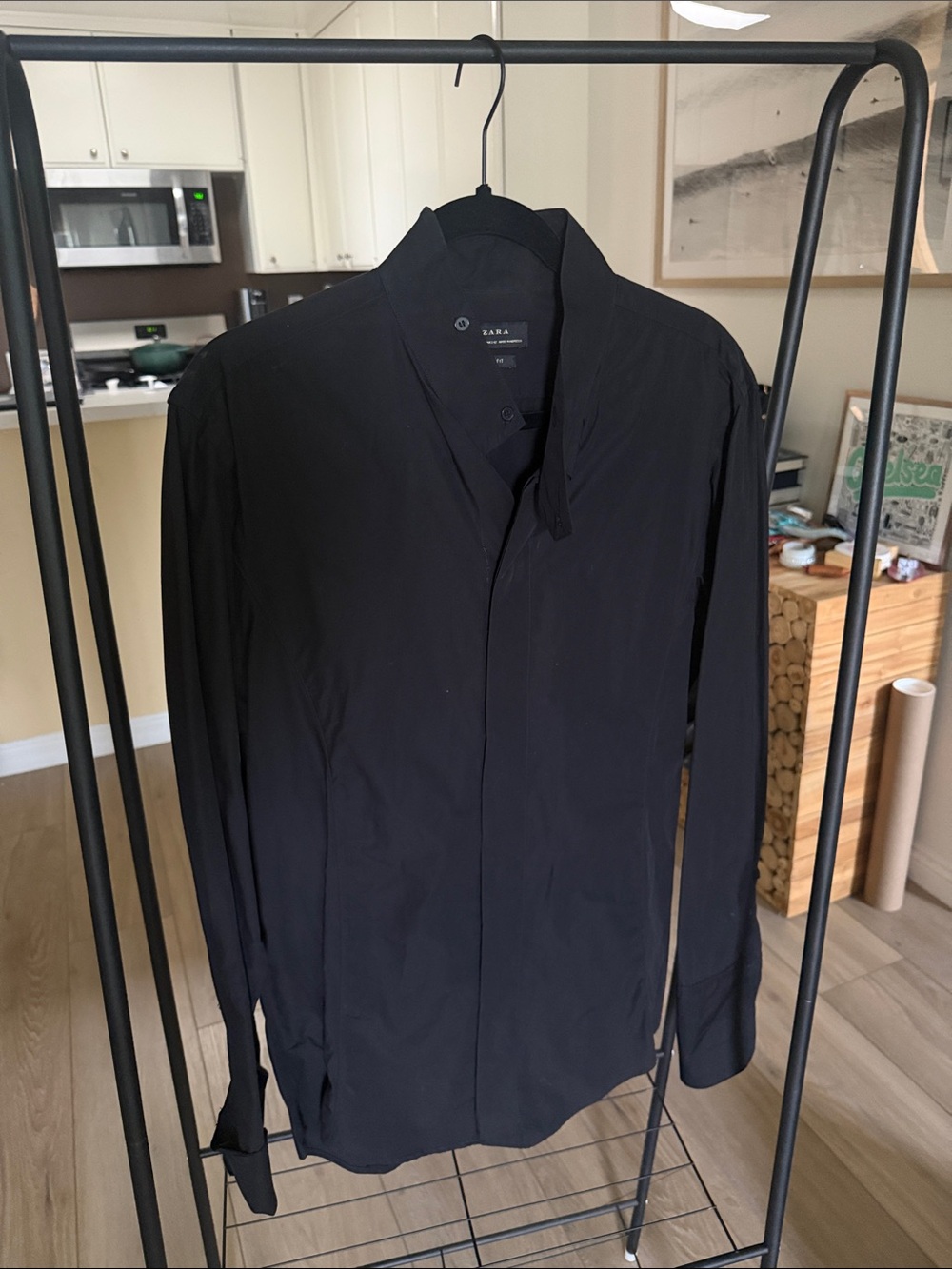 Zara Man Black Mandarin Band Collar Concealed Placket Shirt L